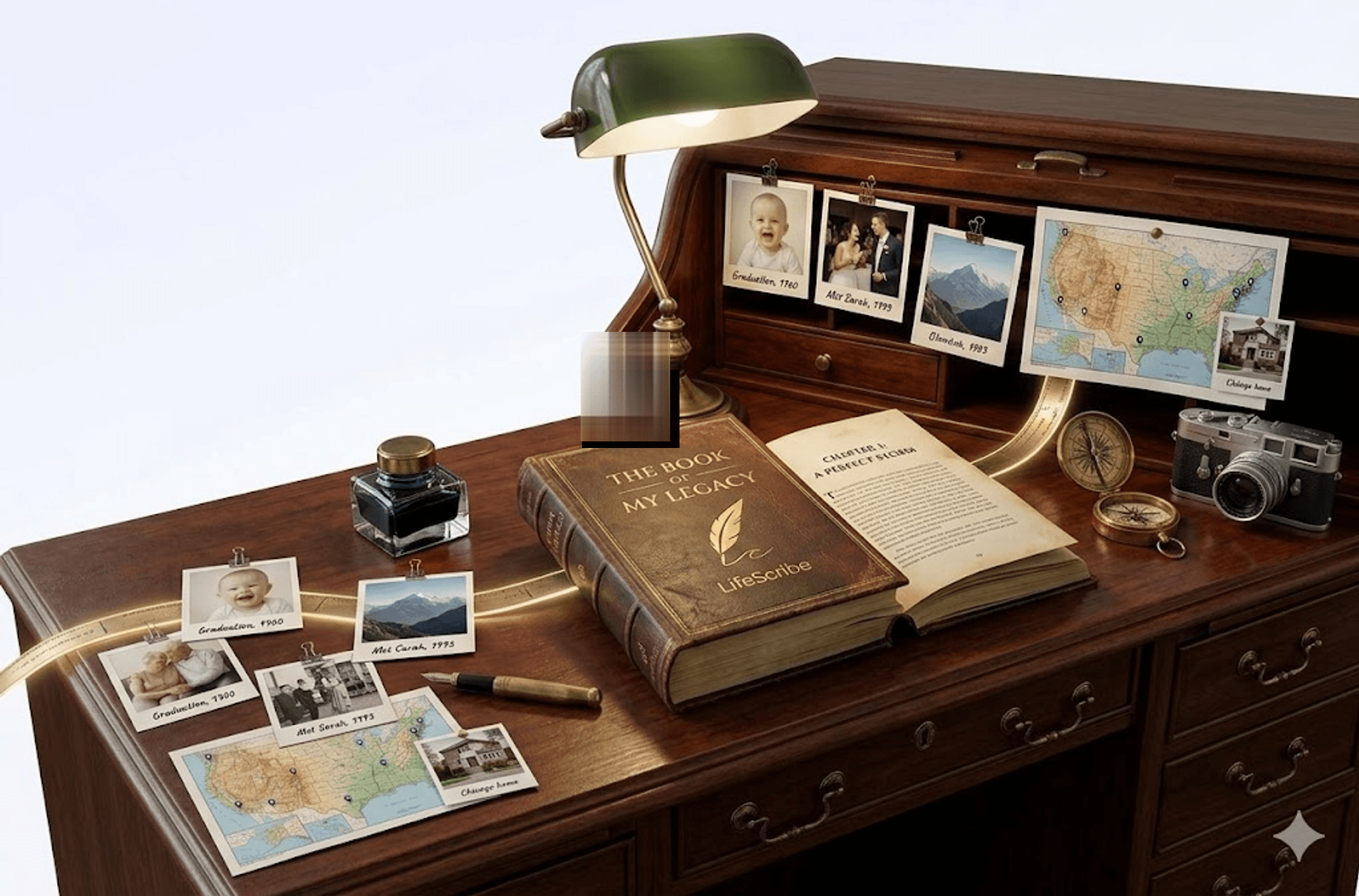 An open legacy book surrounded by polaroid memories — a baby, a wedding, an elderly couple, a mountain landscape — with a map, timeline, and compass on a warm wooden desk